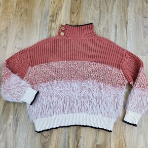 🔹️Lush Rust & Ivory Eyelash Colorblock Knit Button Mock Sweater Small